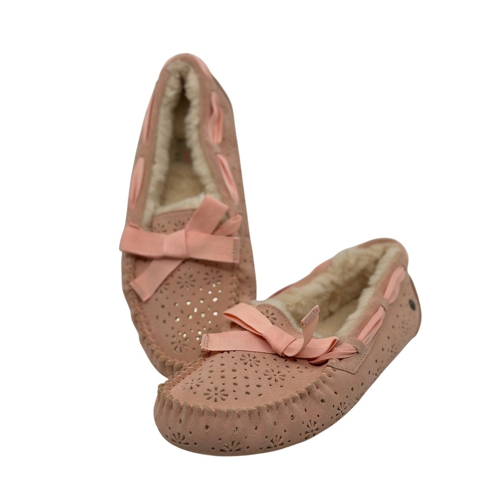 UGG Dakota Pink Suede Laser Cut Floral Perforated Moccasin Slippers Bow Women 10